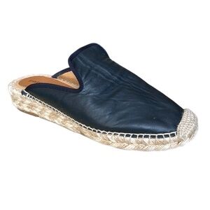 Patricia Green Dark Blue Leather Espadrille Mule Slide Flat Shoes Size 38 US 7.5